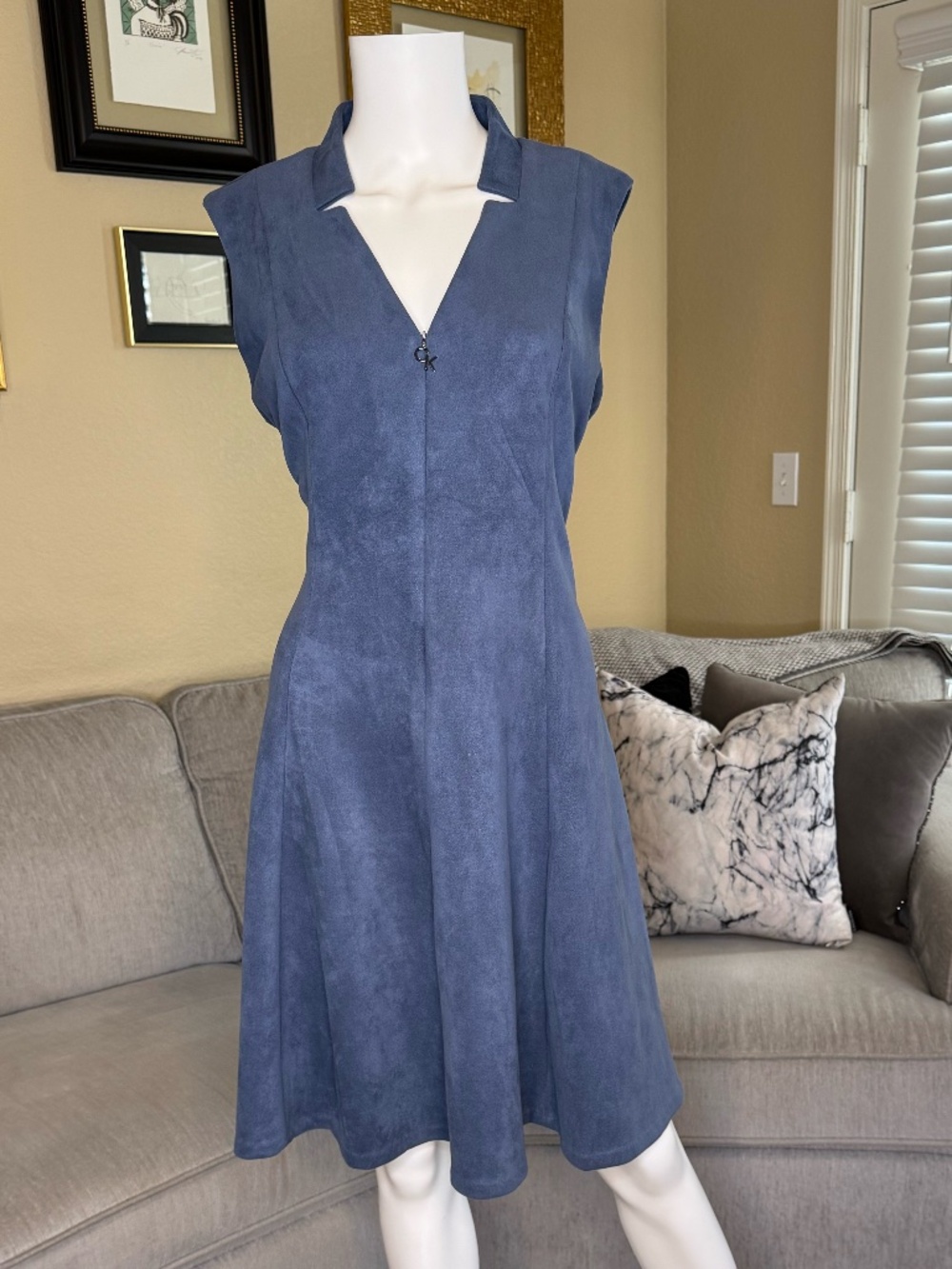 Calvin Klein Steel-Blue Suede Fit and Flare Sleeveless Dress Size 12